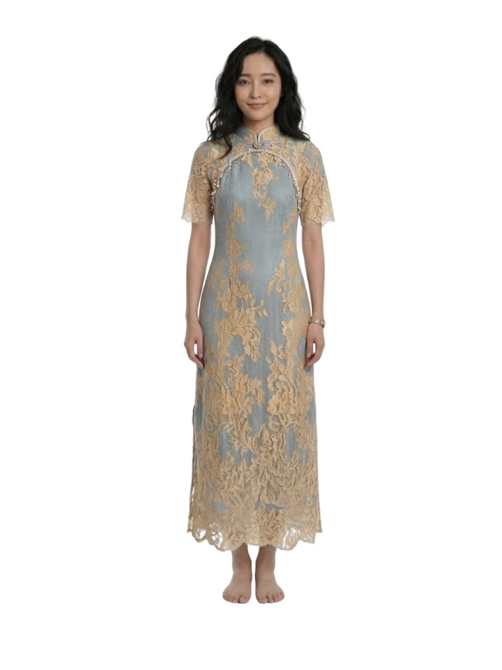 Embroidered Pale Blue Midi Dress With Gold Lace Accents — image 2 of 8